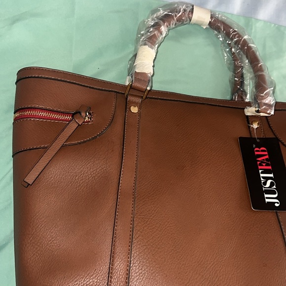 JustFab Large Tote. Cognac Color With Black And White Striped Interior - Picture 3 of 7